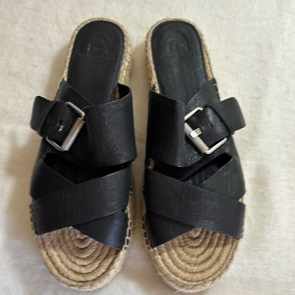 Marc Fisher Espadrille Slide Sandals Sz 7M Mlvenita Black Leather Strap Platform